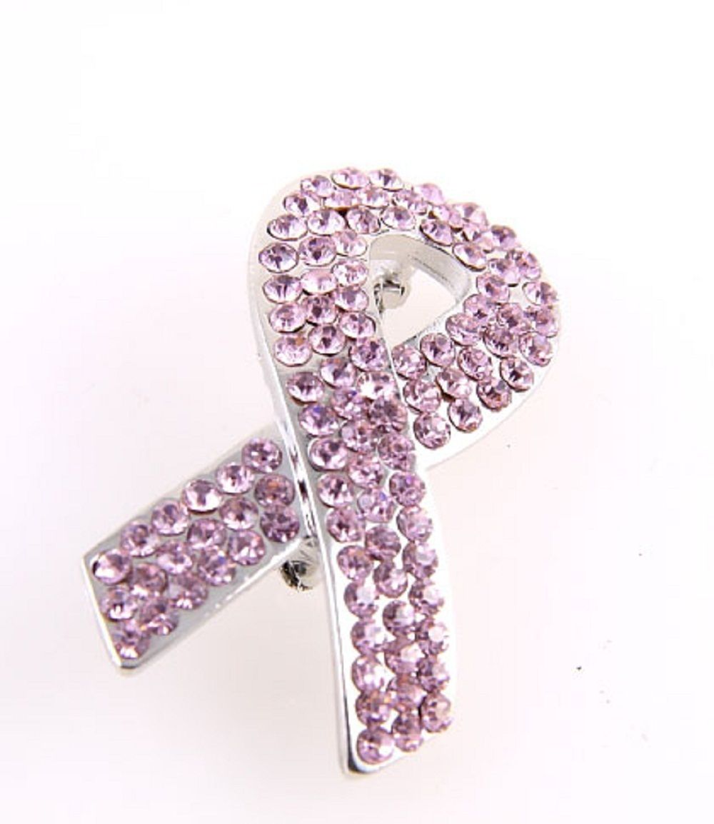 Rhinestone Breast Cancer Pink Ribbon Brooch