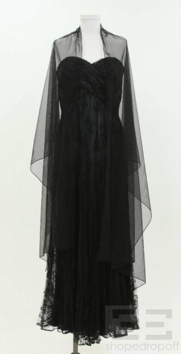 Carmen Marc Valvo Black Lace Overlay Strapless Dress Stole Size 6 