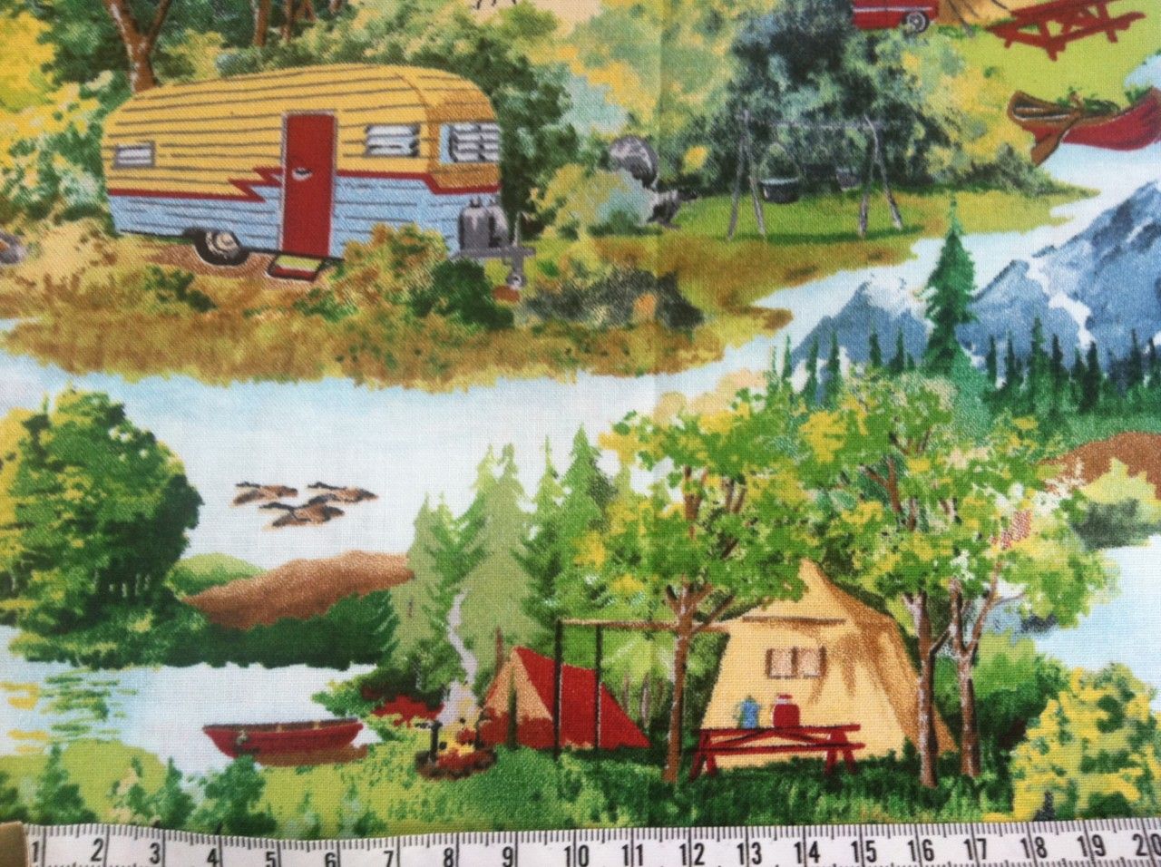 RETRO CAMPING SCENIC CARAVAN TENTS FOREST FABRIC