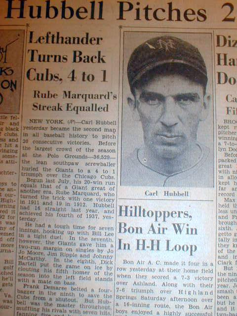 1937 Headline Newspaper Carl Hubbell on Consecutive Game Winning 