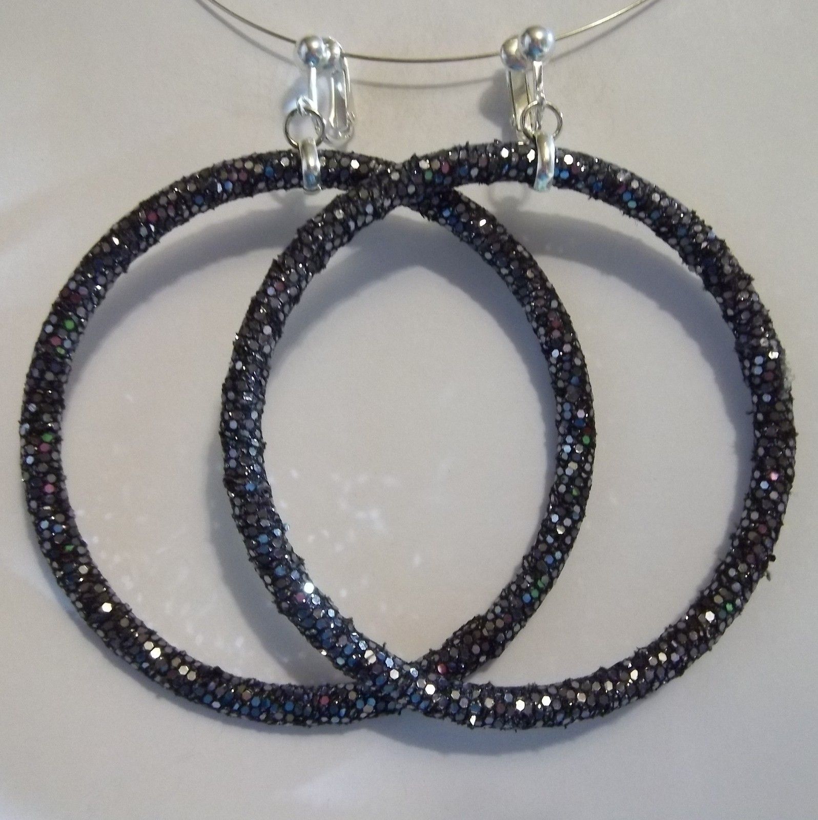 Clip on 3 Gray Sequin Non Pierced Large Hoop Earrings J399 Juicebox 