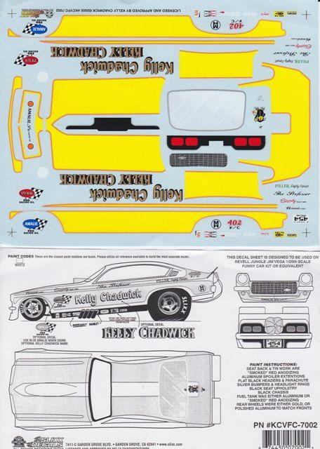 Kelly Chadwick 70s Vega NHRA Drag Decals Slixx