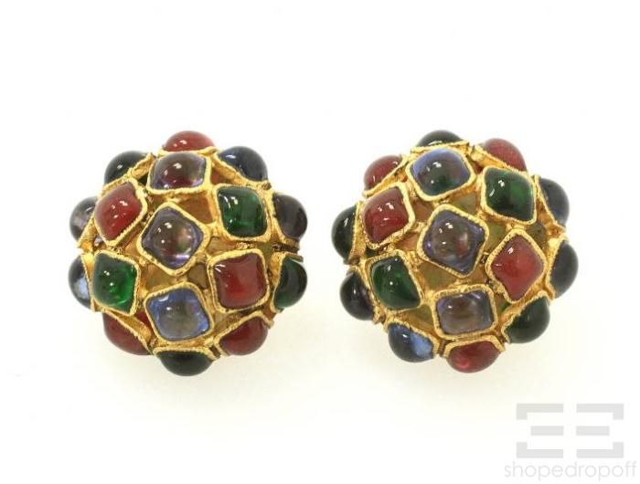 Chanel Vintage Gripoix Gold Multicolor Glass Cabochon Clip on Earrings 