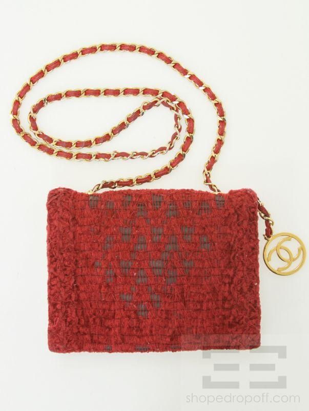 Chanel Vintage Red Textured Fabric Leather Trim Chain Strap Handbag 