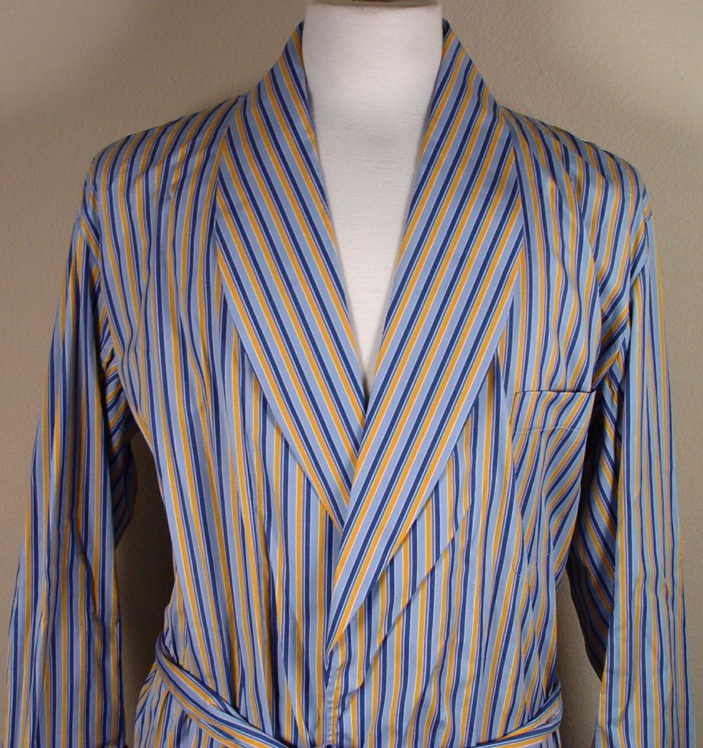 CHARVET Robe $895 Light Blue Yellow Stripe Belted Dressing Gown Robe 