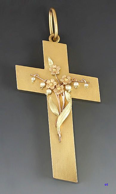Finest Quality Victorian 14k Colored Gold Floral Cross