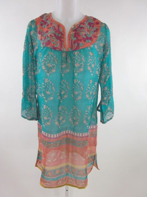 Calypso Christiane Gelle Blue Floral Sheer Tunic Sz S