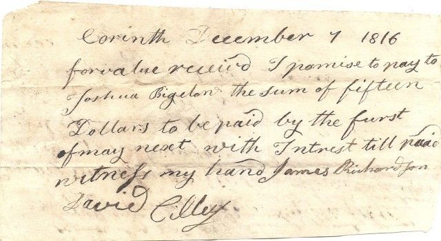 Corinth VT 1816 Document David Cilley Joshua Bigelow