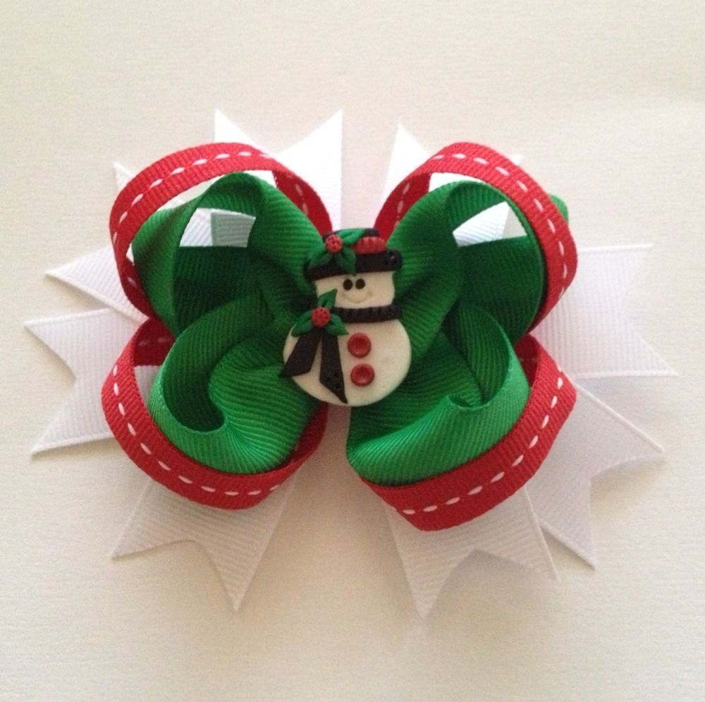 Small Christmas Hair Bow with Snowman Clay Center