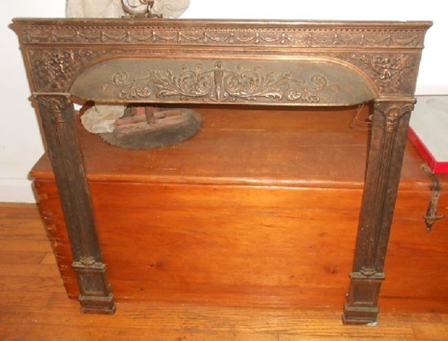 Antique Cast Iron Metal Fireplace Surround Cherubs Woman Architectural