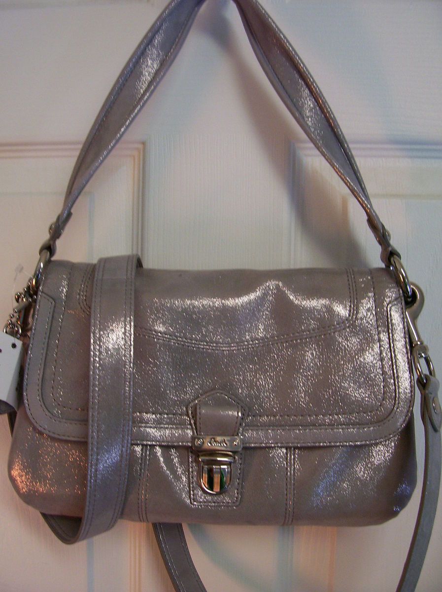 New Coach $228 Poppy Silver Leather Layla Crossbody Shoulder Hobo