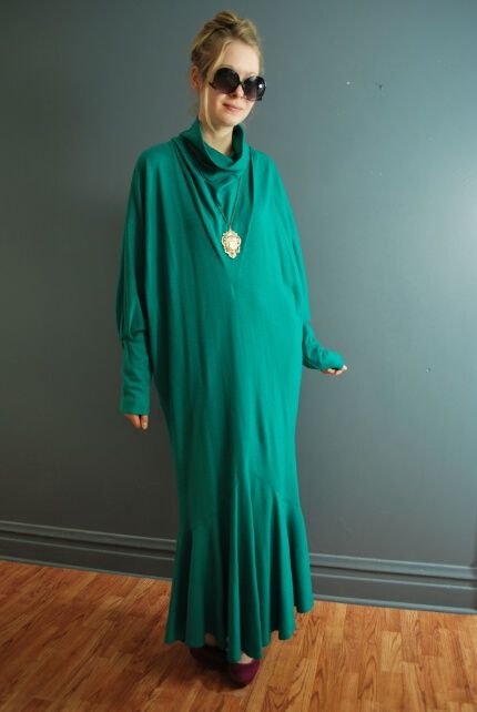  80s Peacock Green Knit Wool Cocoon Batwing Tent MIDI Dress