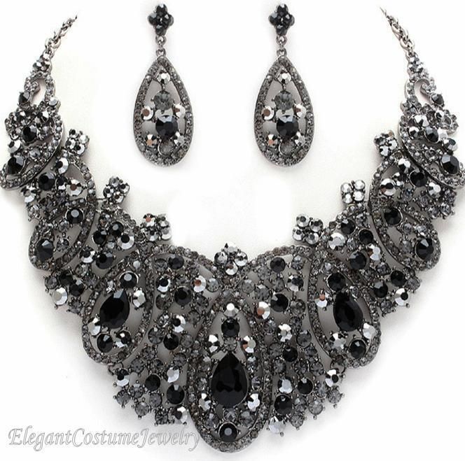   Formal Black Crystal Chunky Necklace Set Elegant Costume Jewelry