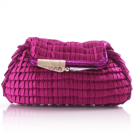 Fendi Satin Ruffled Borderline Clutch Bag Purse Fuchsia