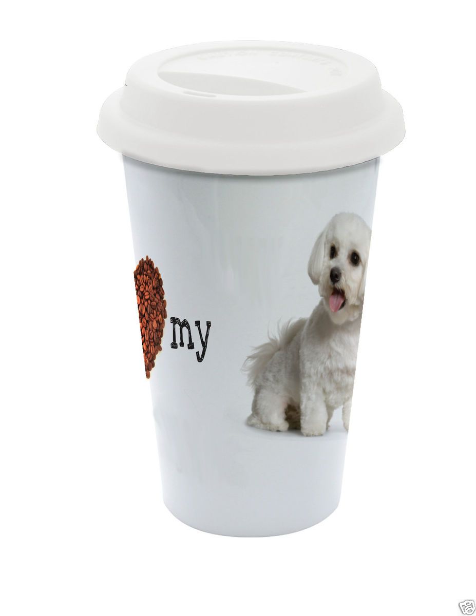   Porcelain Double Wall BICHON FRISE dog TRAVEL MUG w LID coffee tea