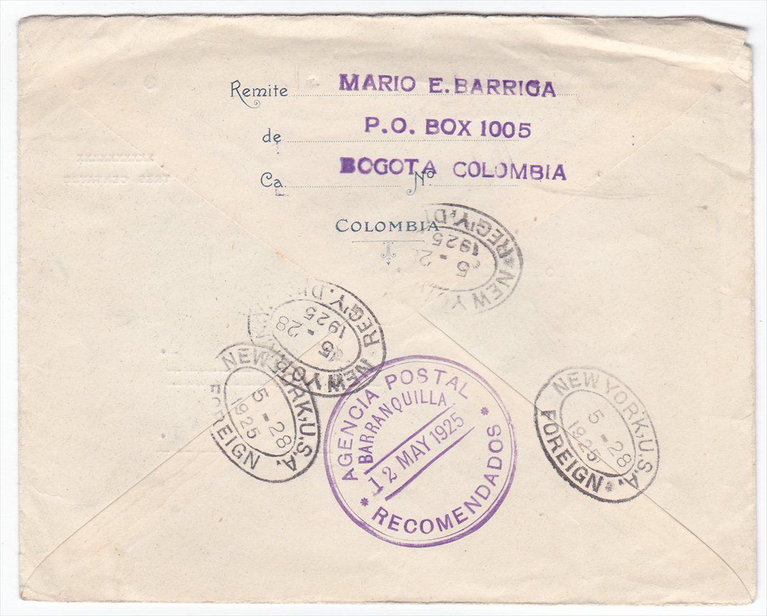 Colombia to Holland Netherlands 1925 uprated Cover