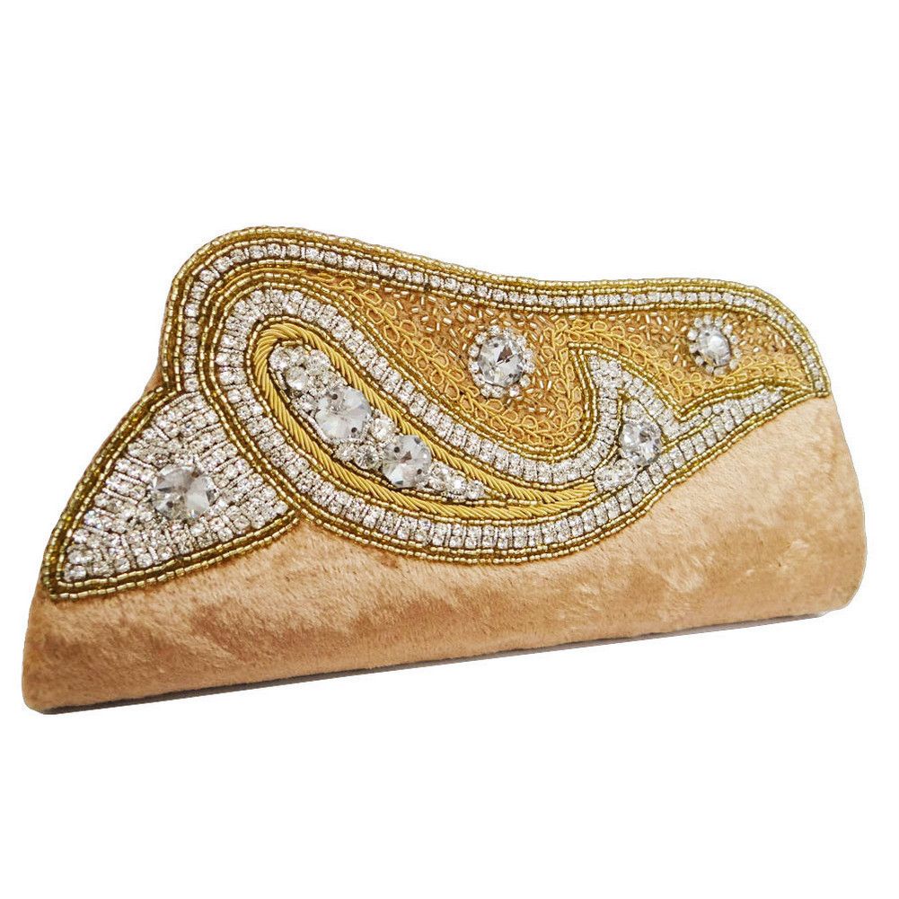 Velvet Beige Beaded Clutch Women Bridal Purse Evening Party Ladies