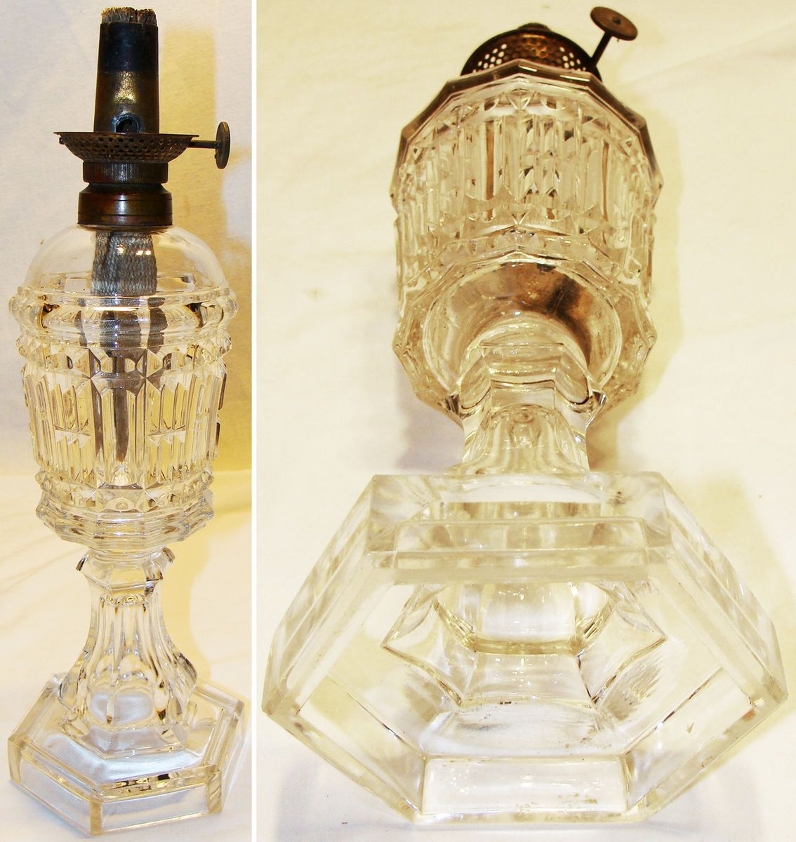 Antique Boston Flint Glass Oil Lamp w unusual Brass Marked 1869 Patent