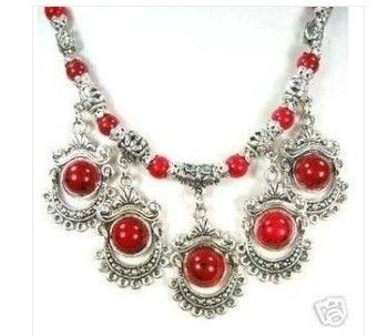 RARE Tibet Tribal Jewelry Silver Red Coral Necklace