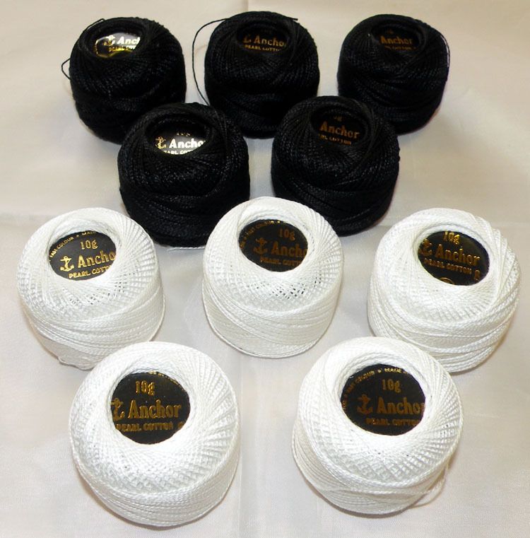 10 New Anchor Perle Cotton Balls 5WHITE 5BLACK 85M Each