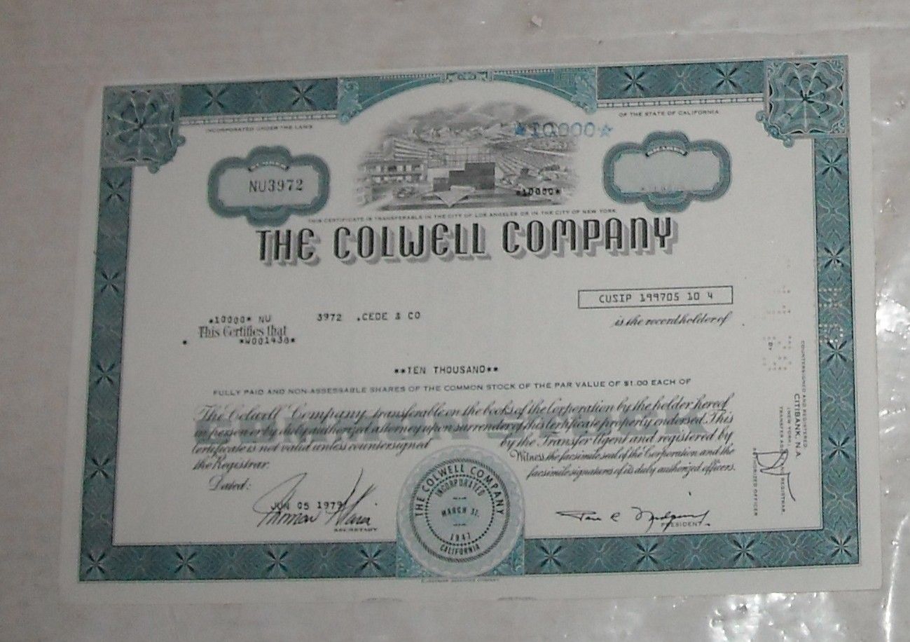 1979 The Colwell Company 10000 Shares Common Stock Certificate NU3972