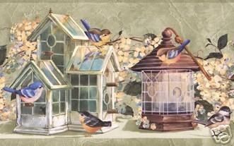 Cottage Chic Bird House & Bird Floral Wallpaper Border