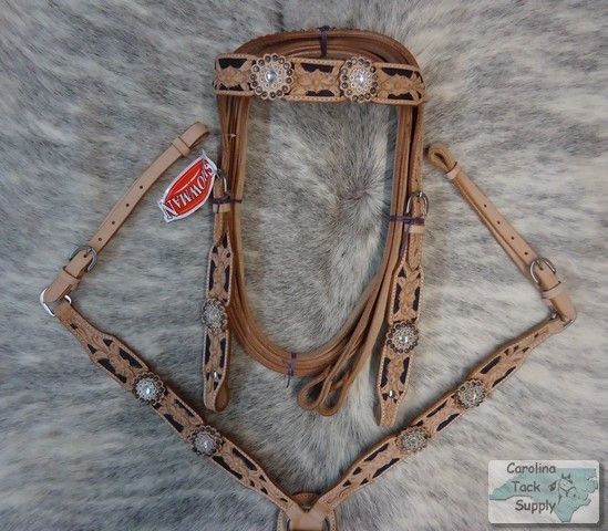 Crystal Rhinestone Conchos Tooled Leather Headstall and Breastcollar