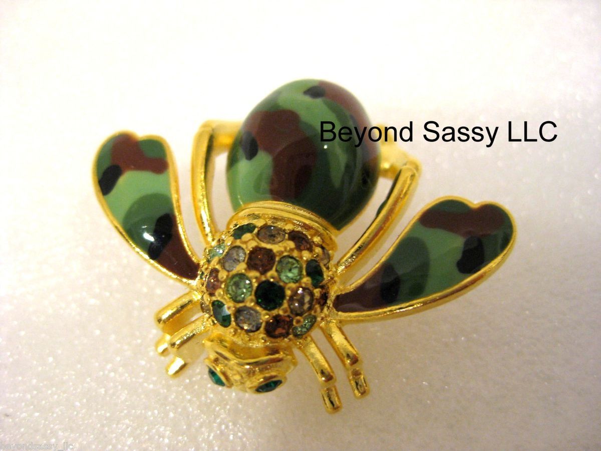   RIVERS Glamoflauge Bee Pin Brooch Crystal Camo Green Brown FREE SHP