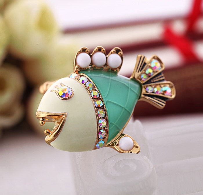 Cute Antique Womens Elegant Rhinestone green Fish Rings vintage