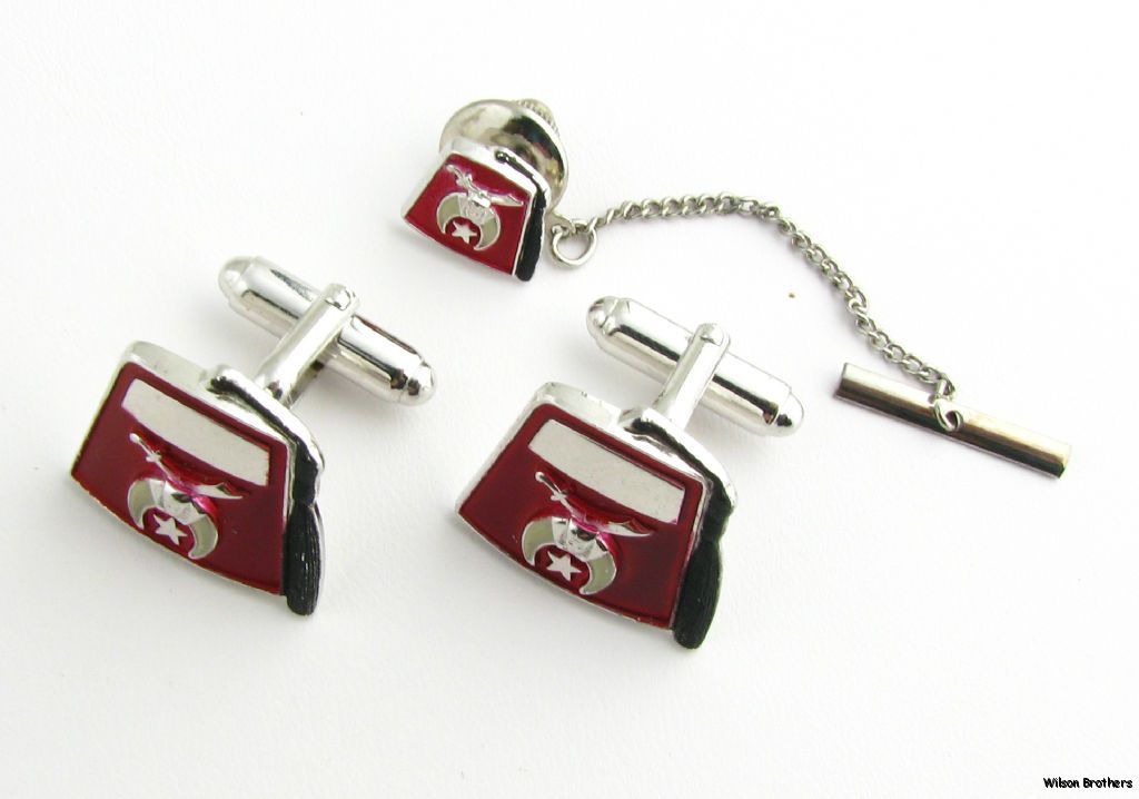 Shriners Cuff Links Tie Pin Set Vintage Masonic Enameled Fez