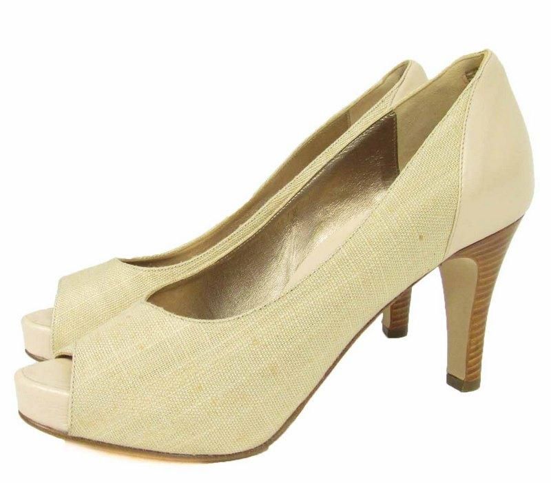 Dana Davis Livigno Natural Linen Pumps 9 5 Leather Platform Peeptoe