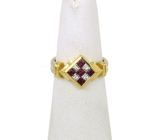 18K TWO TONE PRINCESS CUT DIAMONDS & RUBIES CHECKER BOARD RING