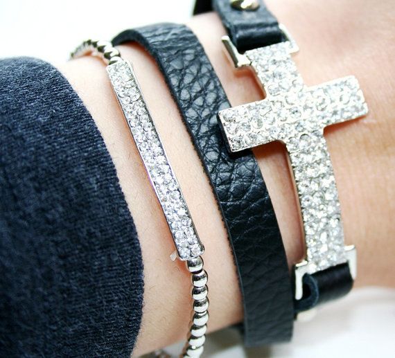 CRYSTAL CROSS BRACELET Wrap Around Black Leather Band EPA002