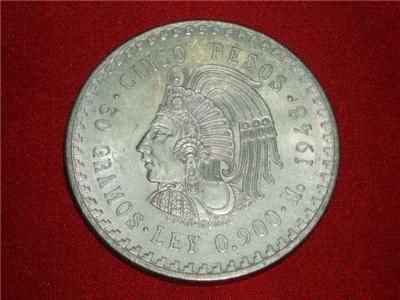 1948 Cuauhtemoc 90% Silver Aztec Ruler Cinco Pesos Mexico city Mint #