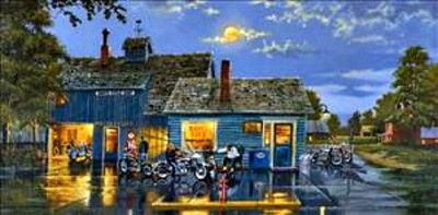 Dave Barnhouse Sams Cafe Motorcycle Print 24 x 14 Plus Border