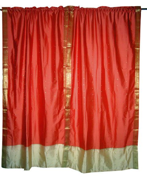 India Silk Sari Curtains Drapes Panel Window Curtain Peach Gold