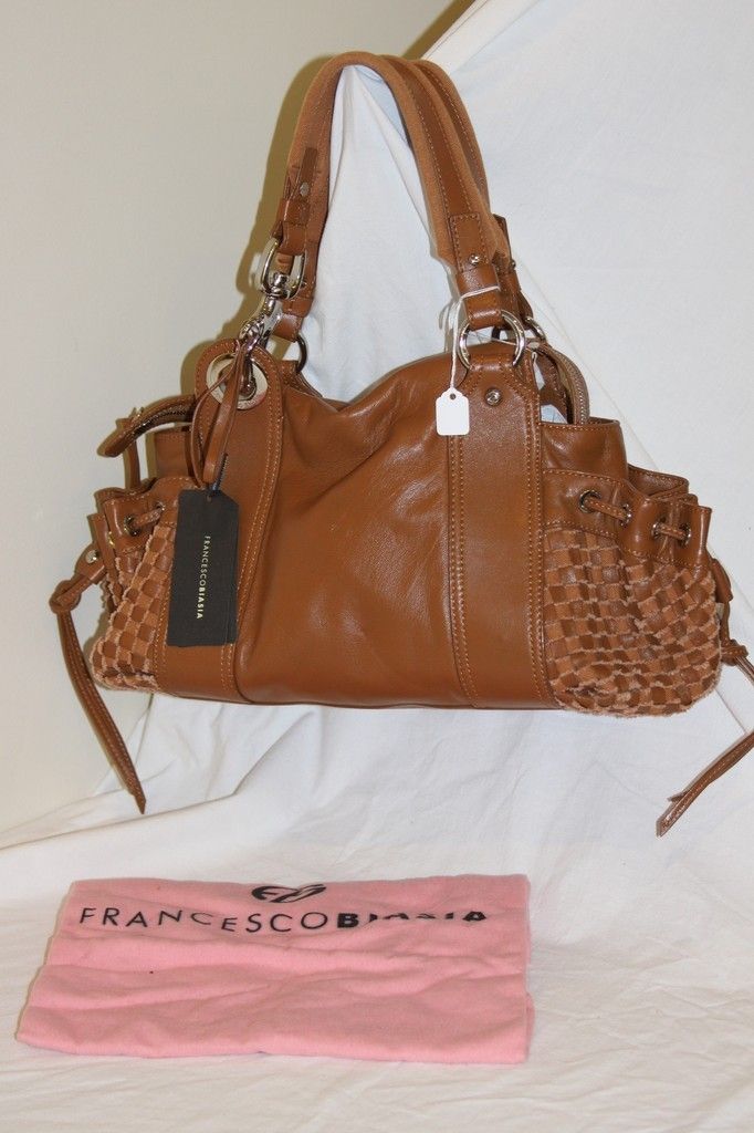 NWT FRANCESCO BIASIA Bronze Brown Leather BEA Woven Pocket Satchel