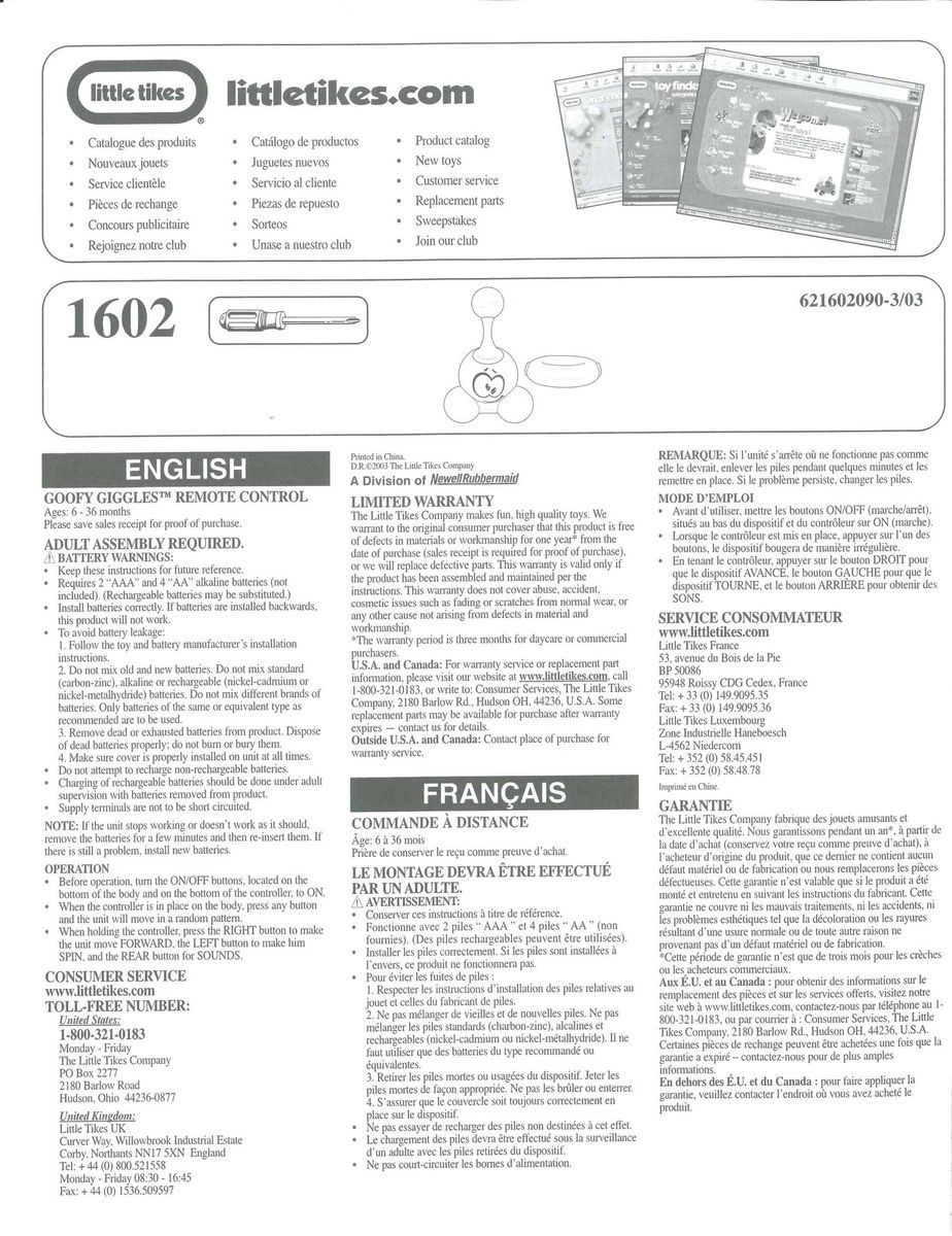 2002 Little Tikes Goofy Giggles Remote Control 1602 Instructions