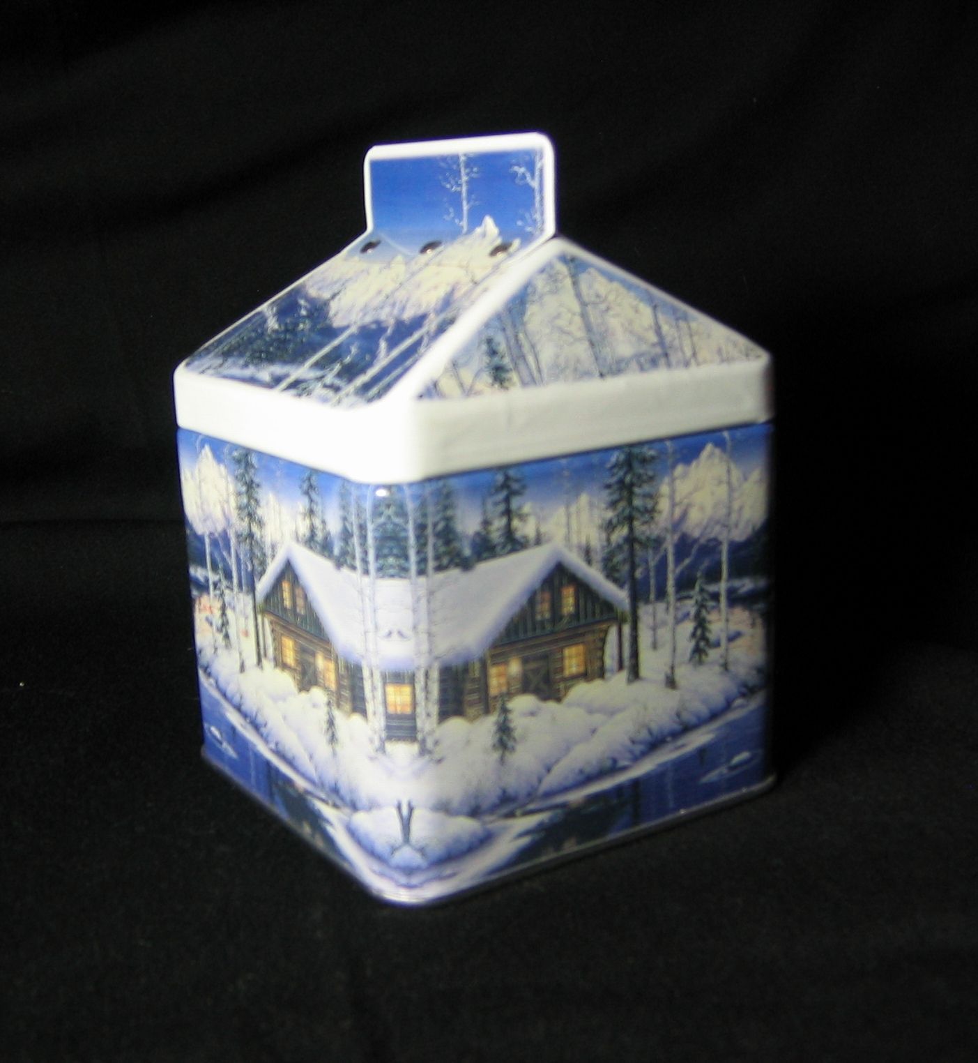 vintage winter scene house shaped decorative tin description vintage