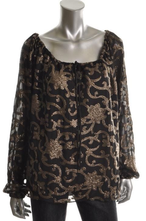 Dallin Chase New Black Sequined Tie Neck Long Sleeve Blouse Top Shirt