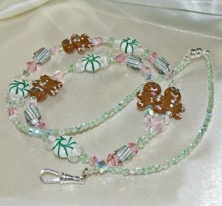 BADGE HOLDER LANYARD LAMPWORK GLASS CANDY & GINGERBREAD MAN SWAROVSKI