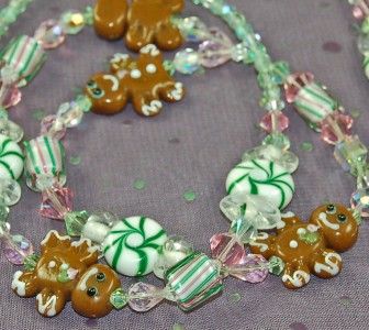 BADGE HOLDER LANYARD LAMPWORK GLASS CANDY & GINGERBREAD MAN SWAROVSKI