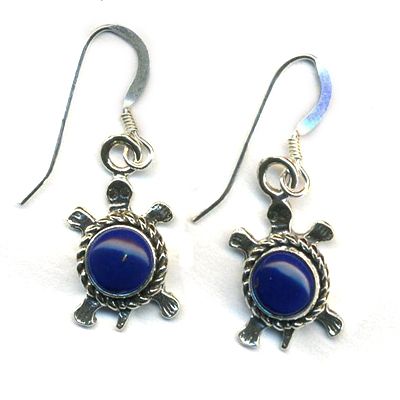 Dangle Turtle Earrings Genuine Lapis Lasuli Stone Sterling Silver