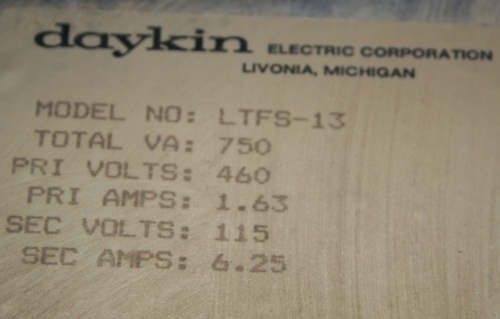 Daykin Electric Transformer Box 750VA 460V 115V LTFS 13