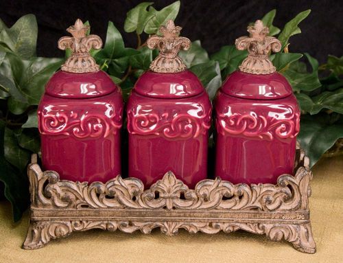 Set of 3 Drake FLEUR De LIS Berry Red SPICE JARS Set Kitchen Decor