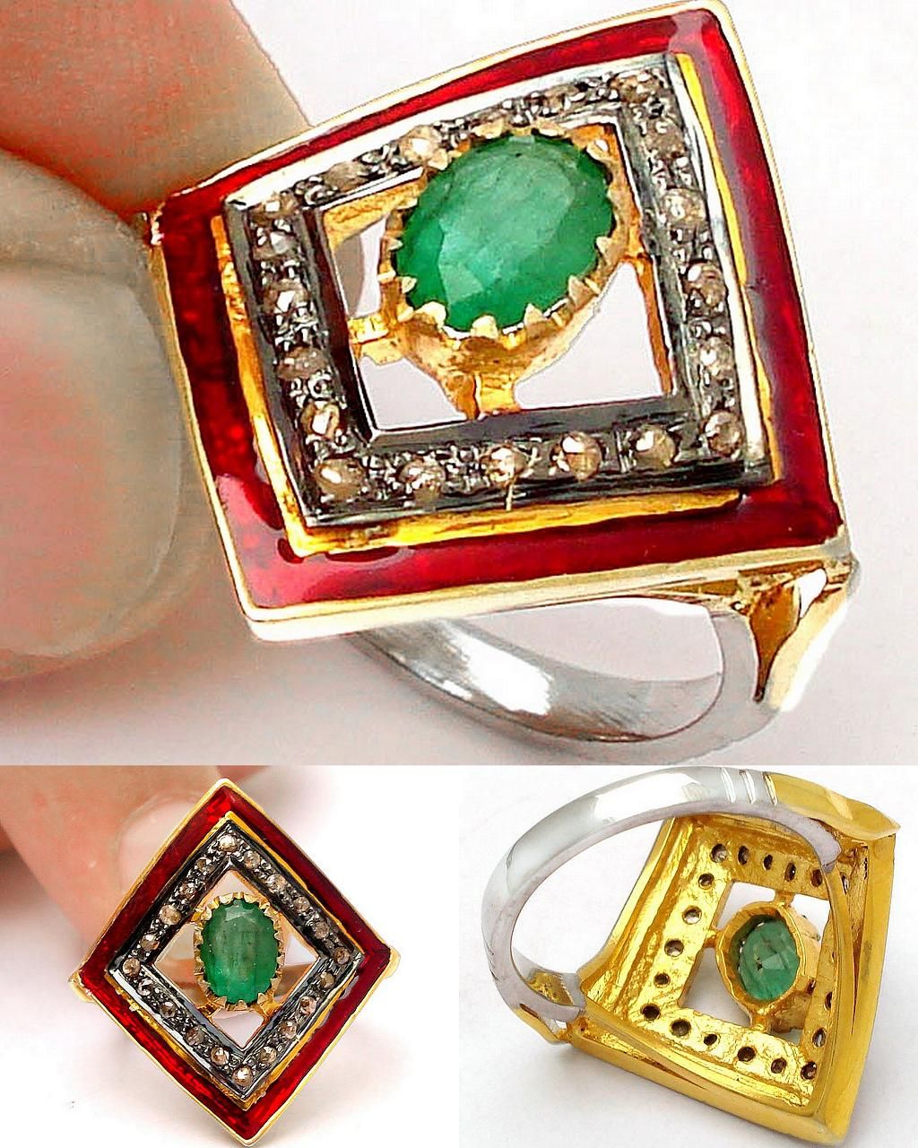  ZAMBIAN EMERALD DIAMOND 18K RED INLAY STERLING SILVER RING RC898