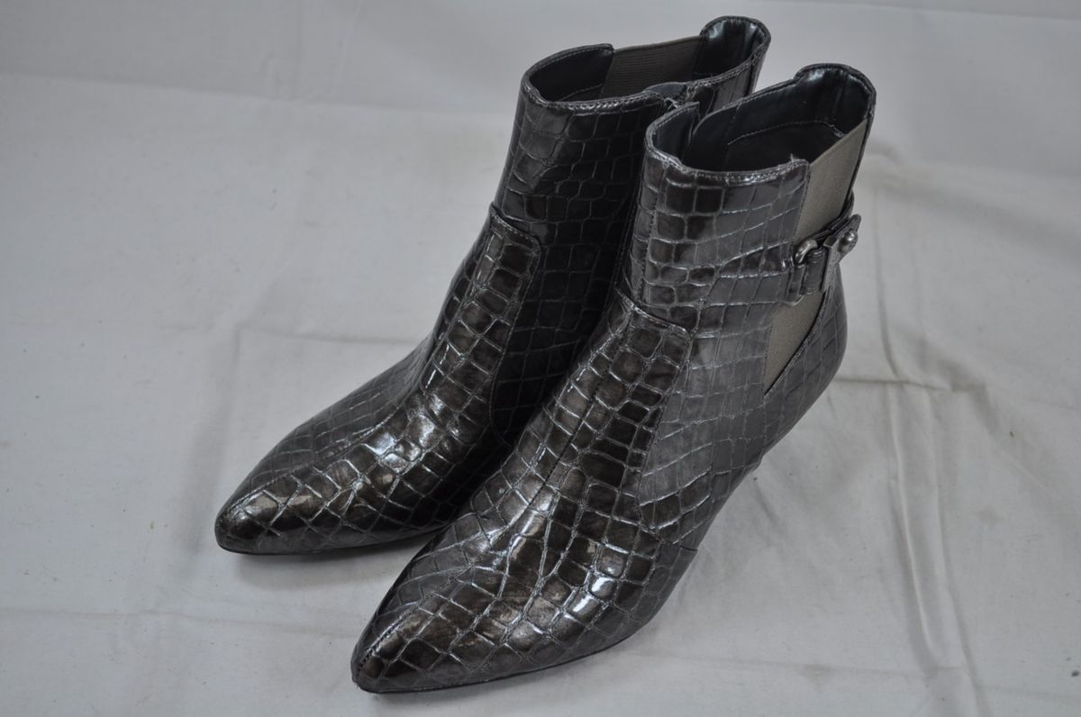 Anne Klein Dido Pewter Ankle Boot Zip Up Metallic Gator Print 10242 8