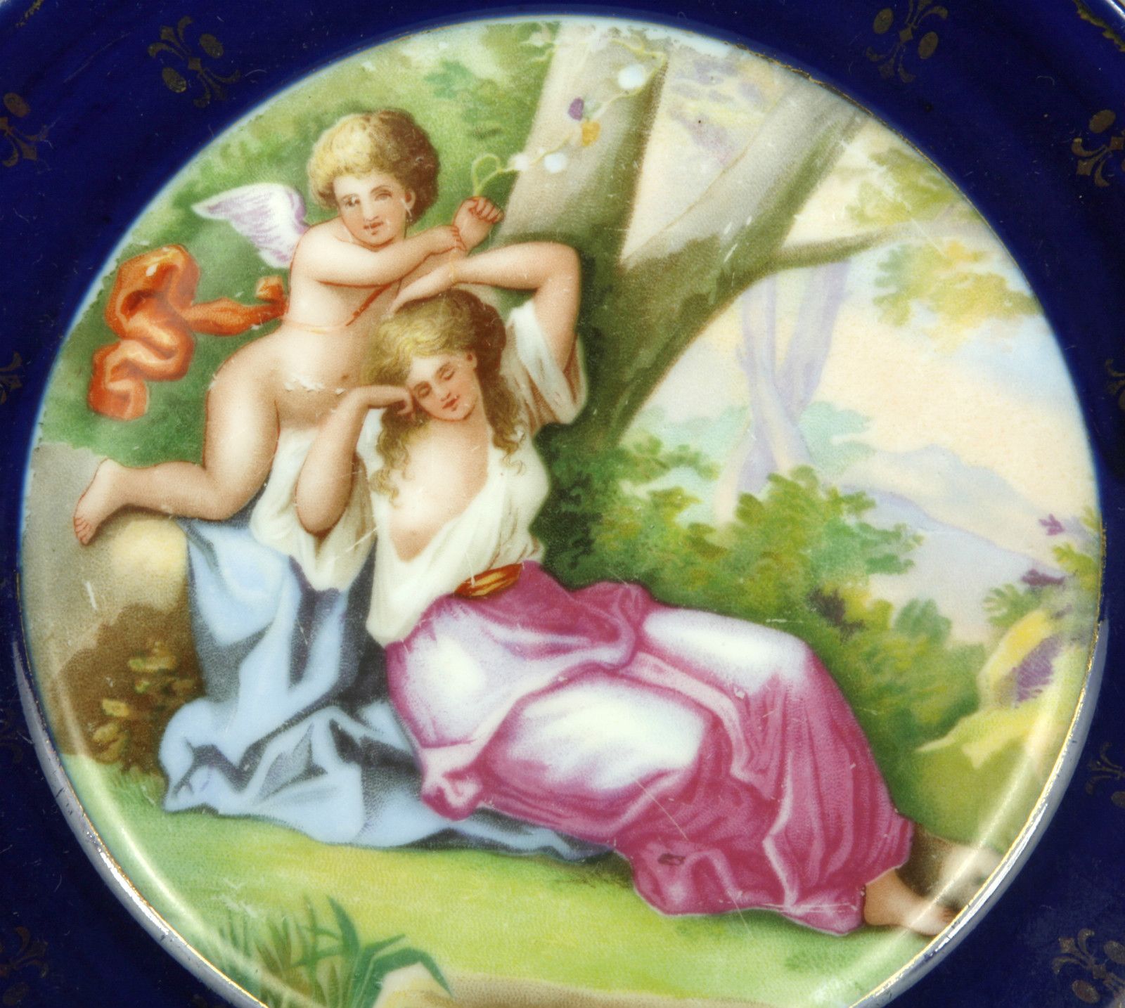 Antique Austria Cobalt Blue Plate Cherub Sleeping Lady Mint Marked