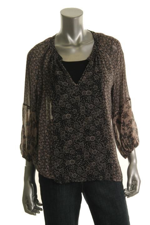 Designer Black Floral Print Silk V Neck Raglan Sleeves Blouse Top