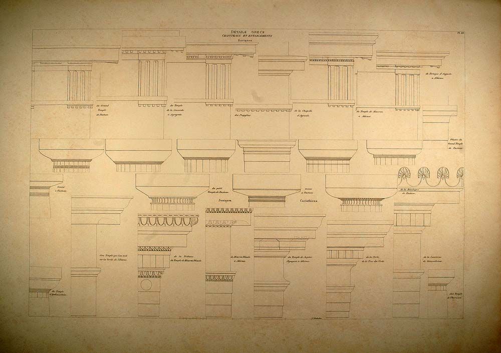 1841 Engraving Greek Column Capitals Entablature Durand   ORIGINAL